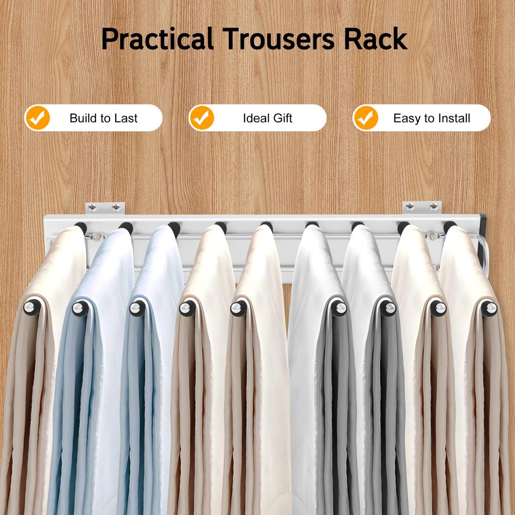9-Rod Pull-Out Pants Rack – Heavy Duty Slide-Out Trouser Organizer with Silent Rails & Anti-Slip Flocking – Black/Silver