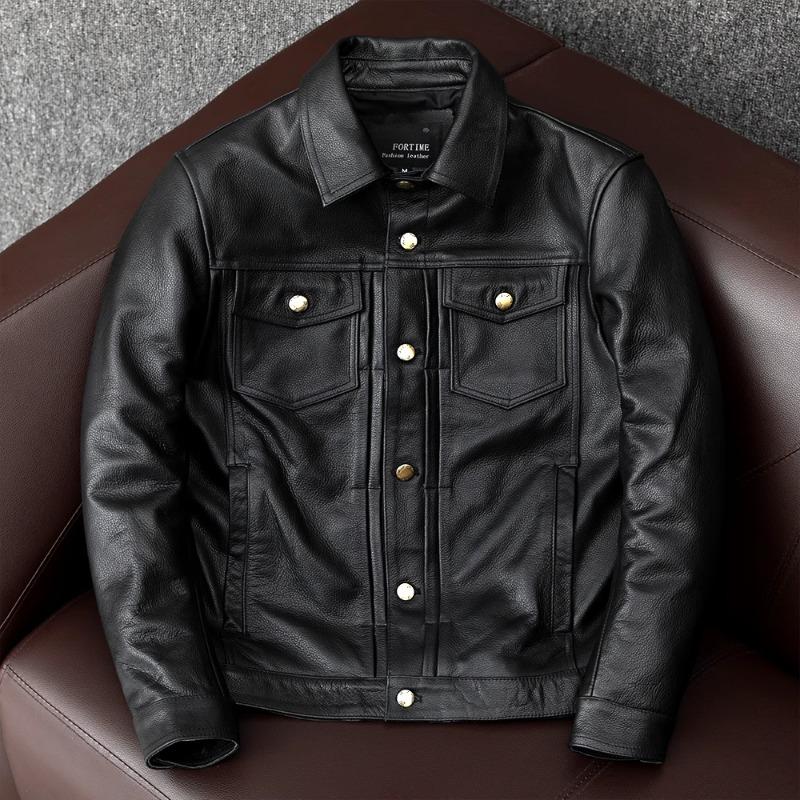 Genuine Cowhide Leather Jacket for Men Slim Fit Short Style Korean Trendy Denim Coat Casual Outfit