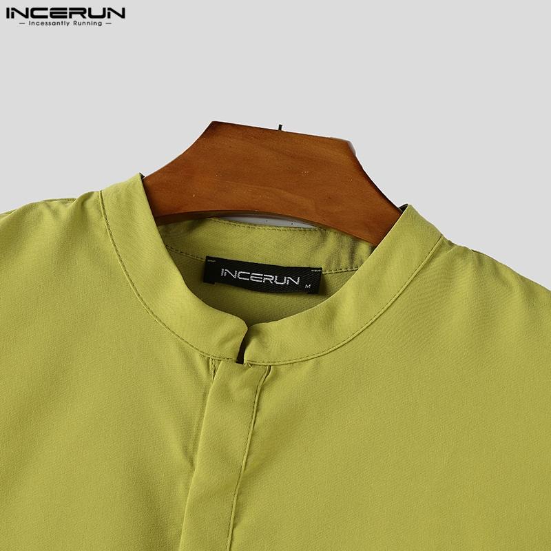 INCERUN Men Summer Buttons Stand Collar Sleeveless Cutout Casual Irregular Splits Tank Tops