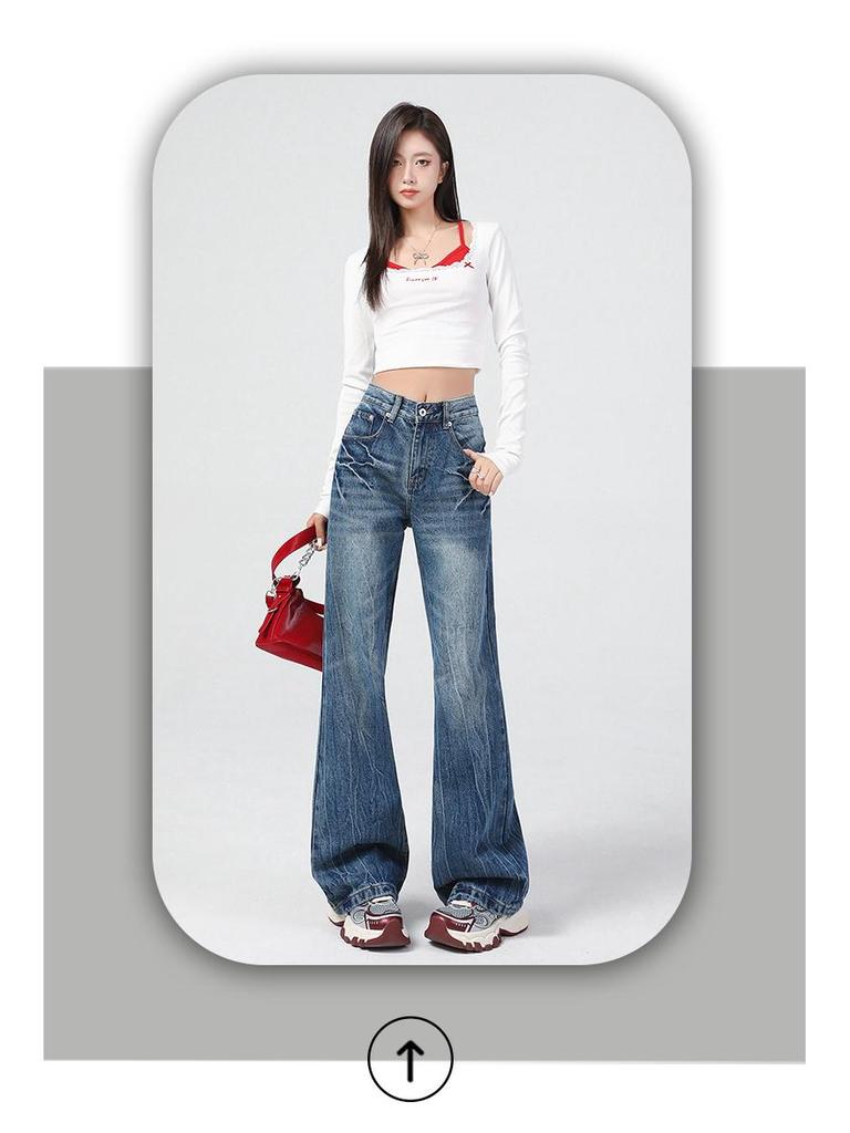 Women's 2024 Autumn/Winter Retro Blue High-Waisted Slim-Fit Micro-Flare Jeans
