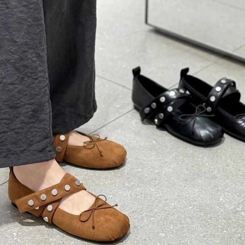 Autumn New Flat Bottom Rivet Ballet Single Shoes Women's Bow Round Head Rivet Mary Jane Shoes Women's