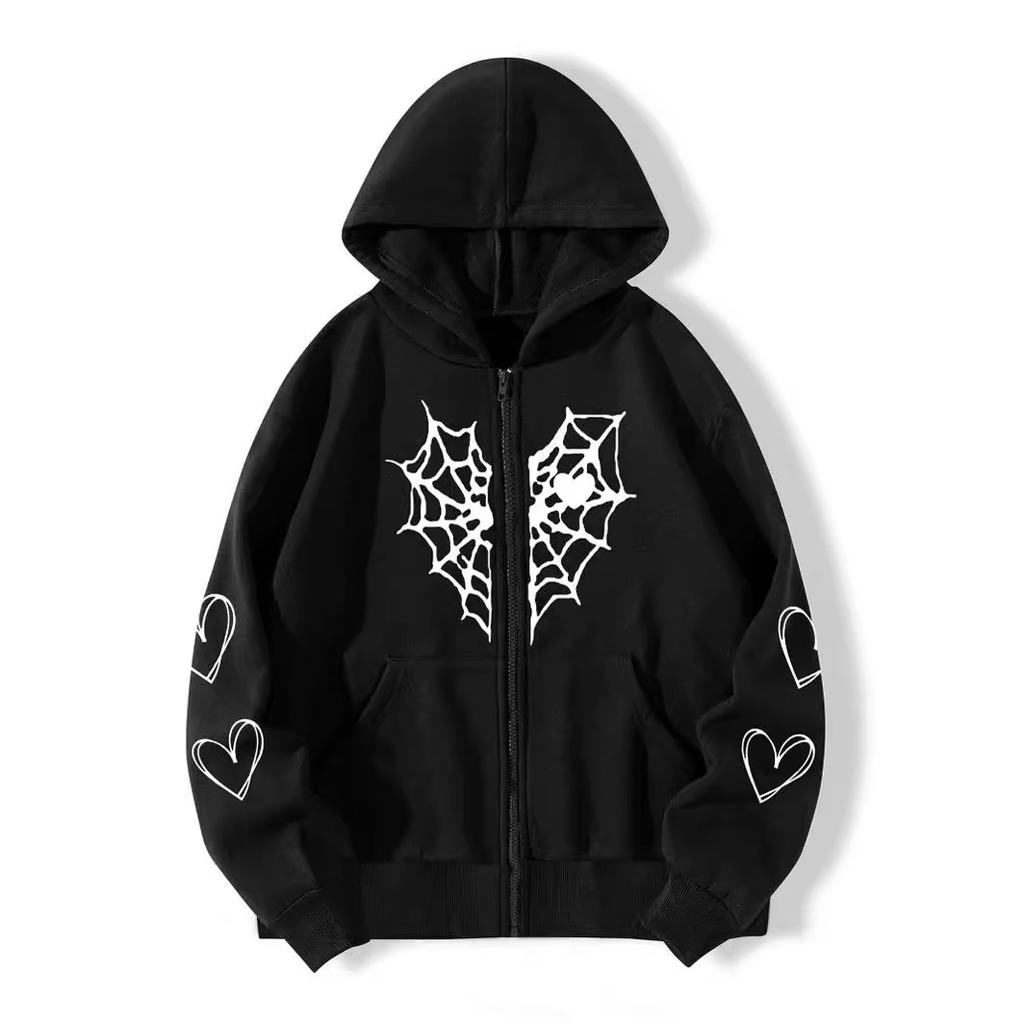 Women S Fall Winter Fleece Hooded Zip Up Cardigan Sweatshirt Spider Web Heart Print