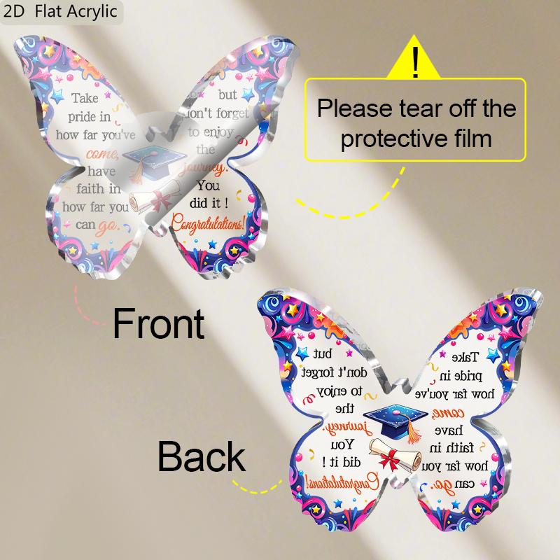 2D Flat, Graduation Cap & Diploma Acrylic Award Desktop Decoration, Blue & Pink Butterfly-Shaped Graduation Gift, Suitable for wall decoration, porch,