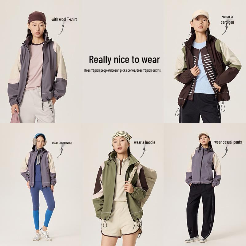Colorblock Water-Repellent Softshell Jacket with Elastic Hem and Fleece Lining