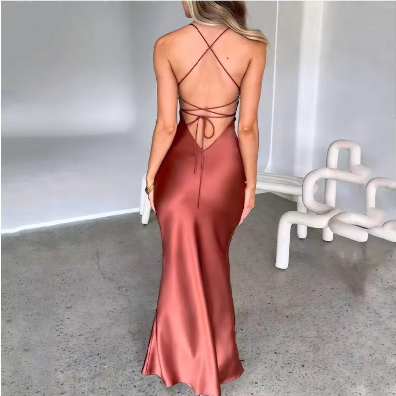 Women's Evening Dress Summer Sleeveless Backless Strap Waist Cinching Sexy Club Long Dress Women Fashion Elegant Solid Color Slim Fit Party Dresses