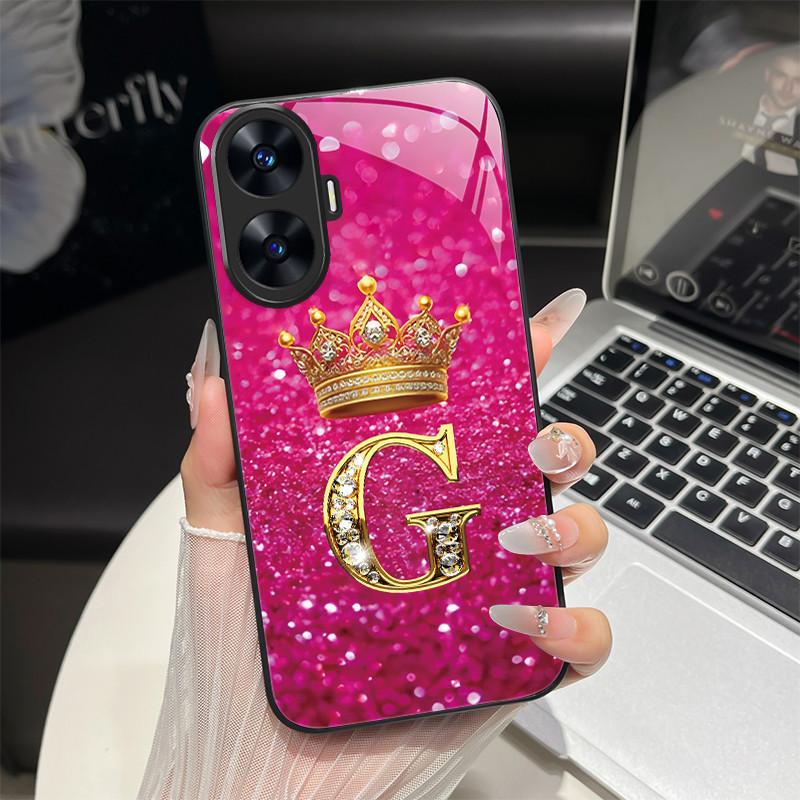 For Realme C55 4G Case Fashion Letters Hard Tempered Glass Back Covers For Realme Narzo N55 NarzoN55 C55 RMX3710 Phone Shell