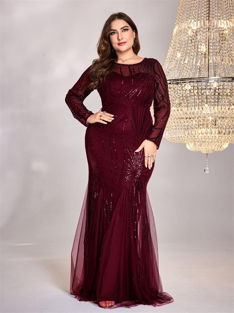 Plus Size Sequined Mermaid Bridesmaid Gown - Elegant Slim Fit with Round Neck for Evening or Banquet
