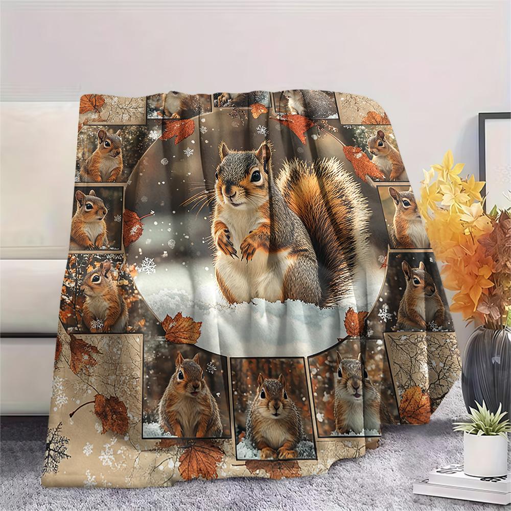 Squirrel Print Flannel Blanket, High quality Comfortable for All Seasons, Home Decor, Warmth and Comfort, Perfect for Christmas Gifts