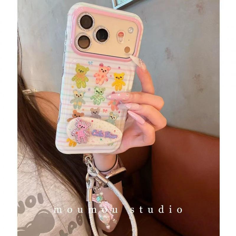 Cute striped colored bear chain for iPhone17promax Apple 16 mobile phone case 15 new 14 women