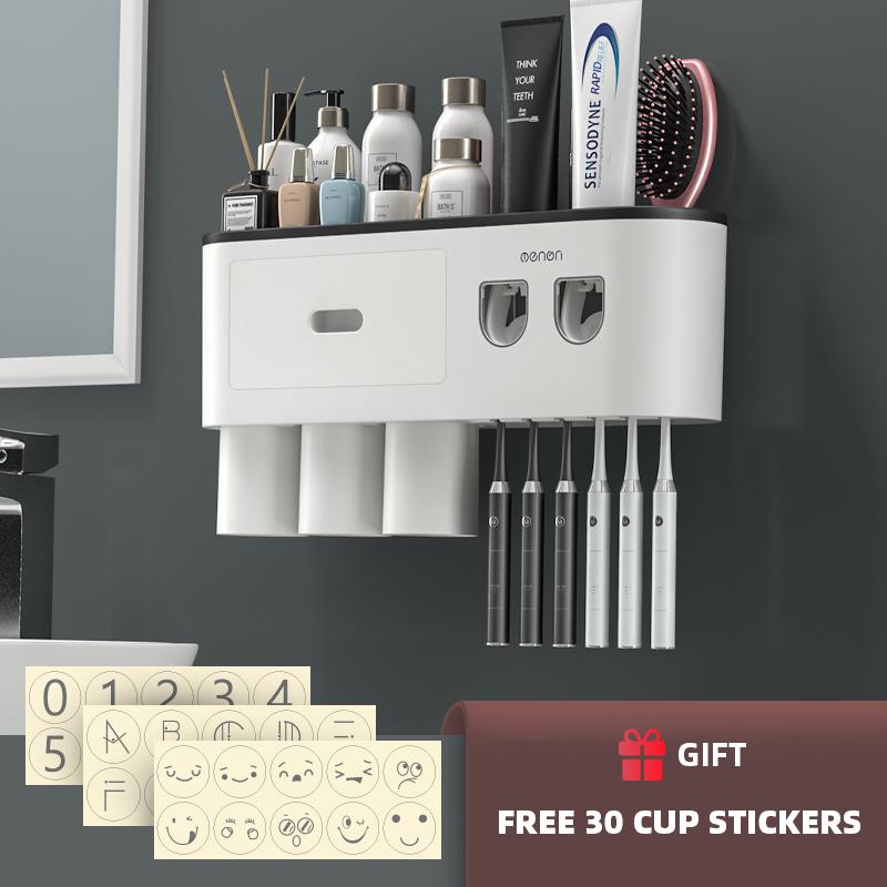 Magnetic Adsorption Inverted Toothbrush Holder Wall-mounted Double Automatic Toothpaste Dispenser Rack Bathroom Accessories