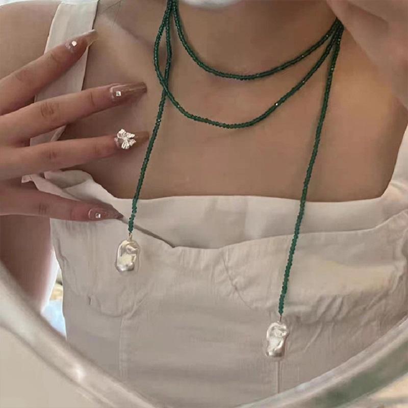Vintage Grüne Kristallperlen Anhänger Halskette für Damen Mode Handgefertigt Perlen Lang Verstellbare Halskette Zirkon