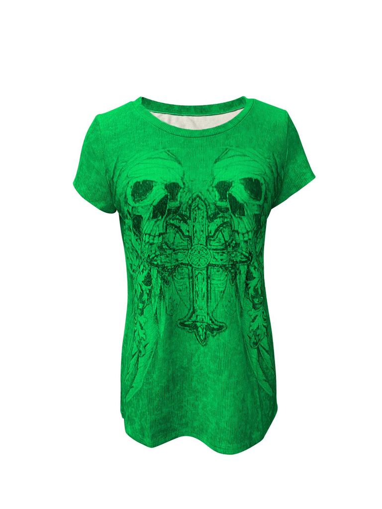 2023 European & American Halloween Skull Print Casual Women's Short Sleeve Sweatshirt Top