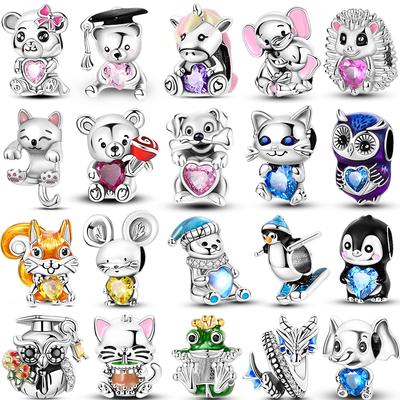 Fit Original Pendant Animal Charmscopper Pink Heart Pet Cat Dog Blue Owl Squirrel Beads Bracelet Women Diy Birthday Jewelry