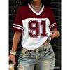 American Style Women Print Fashion Comfortable Lightweight Breathable V-Neck Short Sleeved Baseball T-Shirt