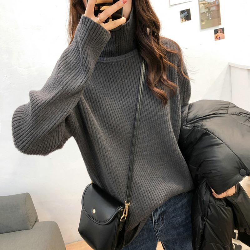 Autumn and Winter Turtleneck Thickened Pit Sweater Women's Large Size Loose Lazy Style Retro Thin Knitted Bottoming Shirt Women