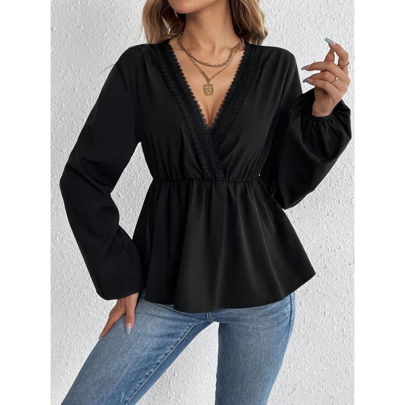Women's Autumn Patchwork Solid Colour V-Neck Shirt Top