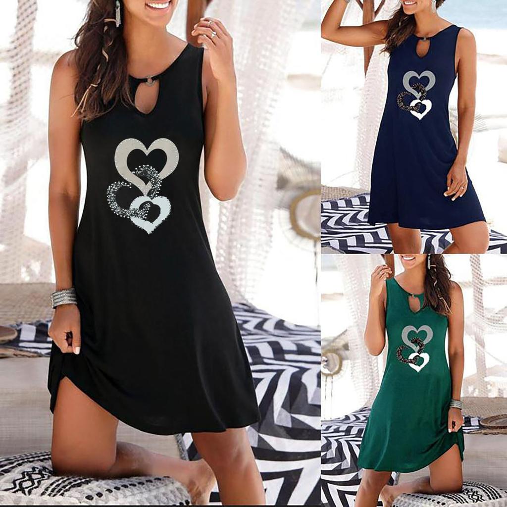 Women Summer  Print Hollow Out Sleeveless Loose Tank Mid Dresses