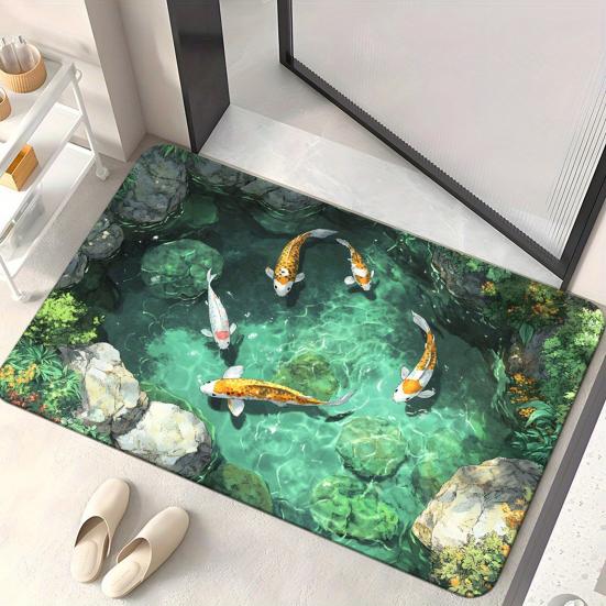 Yousheng 3D Pond Floor Mat Diatomaceous Earth Realistic Water Pit Fish Rug Absorbent Non-Slip Bathroom Rug for Entrance Kitchen Living Room