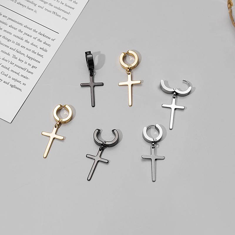 Korean Stainless Steel Cross Clip-On Earrings - Unisex, No Piercing Needed