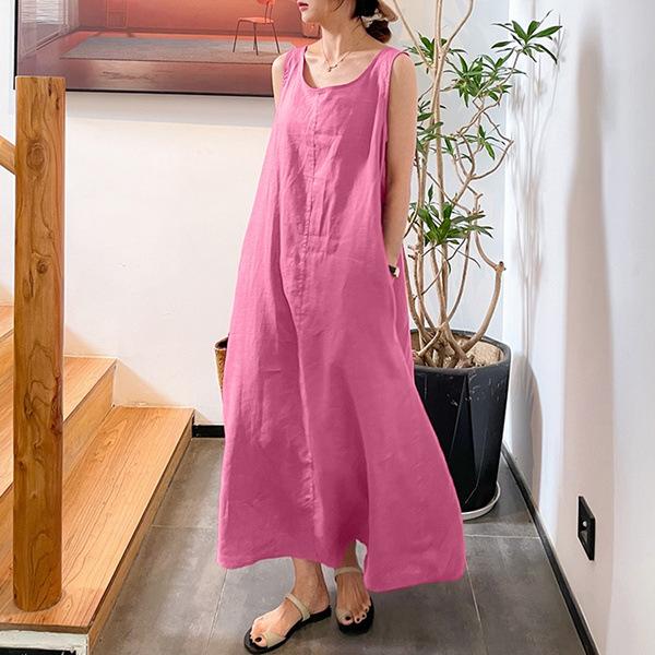 European and American summer new long version suspender simple wind loose pocket round neck temperament sleeveless dress foreign trade wholesale