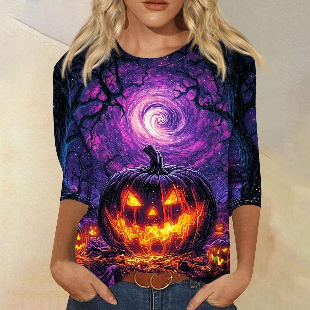 Women's Fashion Casual Three-quarter Sleeve Halloween Printed Round Neck Top