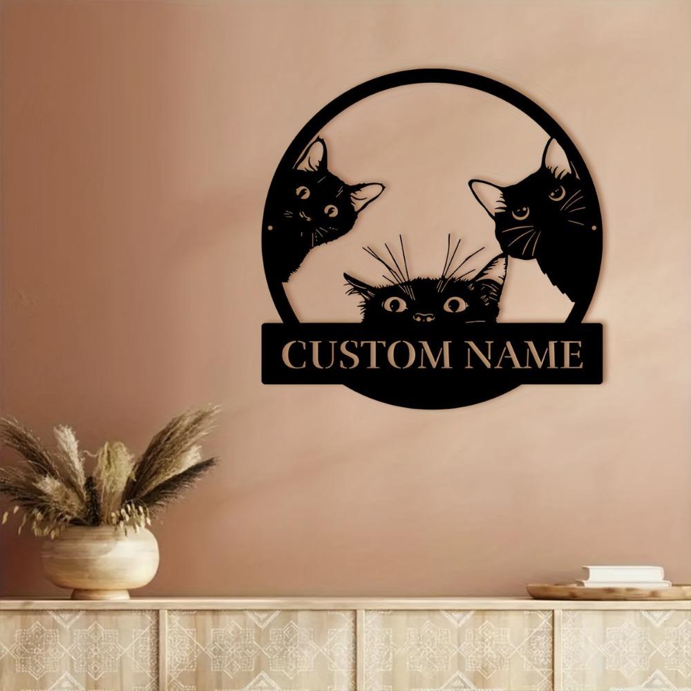 Custom Black Cat Trio Metal Wall Art, Personalized Names Sign, Rustic Home Decor for Veranda Yard, Gift