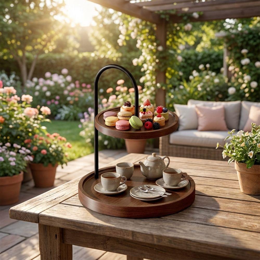 Wooden Serving Tray Stand Double Layer Space Saving Key Storage Rack Decorative Large Capacity Two Tier Holder Kitchen Table