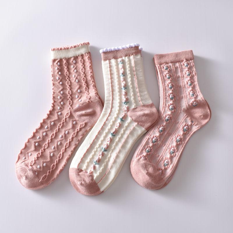 5 Stück/weiße florale Mid-Tube-Socken für Damen, trendige japanische Pudernebelfarbe, Student Loli Spring, dünner Abschnitt, JK-Socken, Pink, Neu