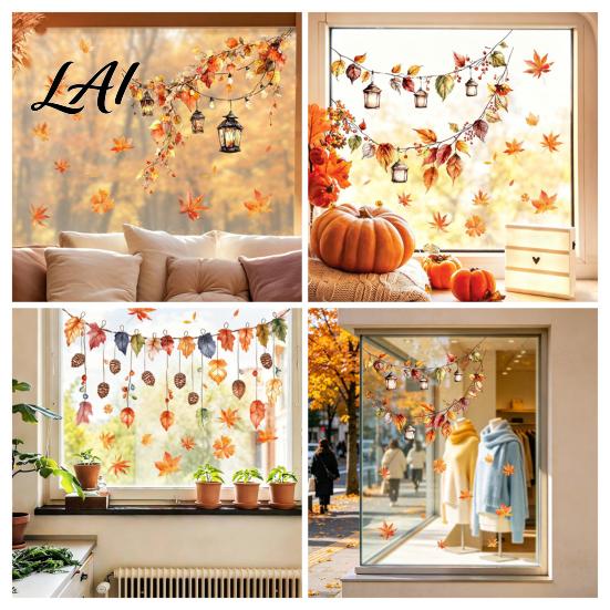 Autumn Window Clings Maple Leaf Pinecone Scarecrow Pumpkin Static Clings Waterproof PVC Seasonal Party Supplies Glass Stickers Removable Decals for
