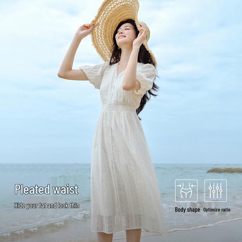 Women's V-Neck Lace Embroidered High-Waist Midi Dress