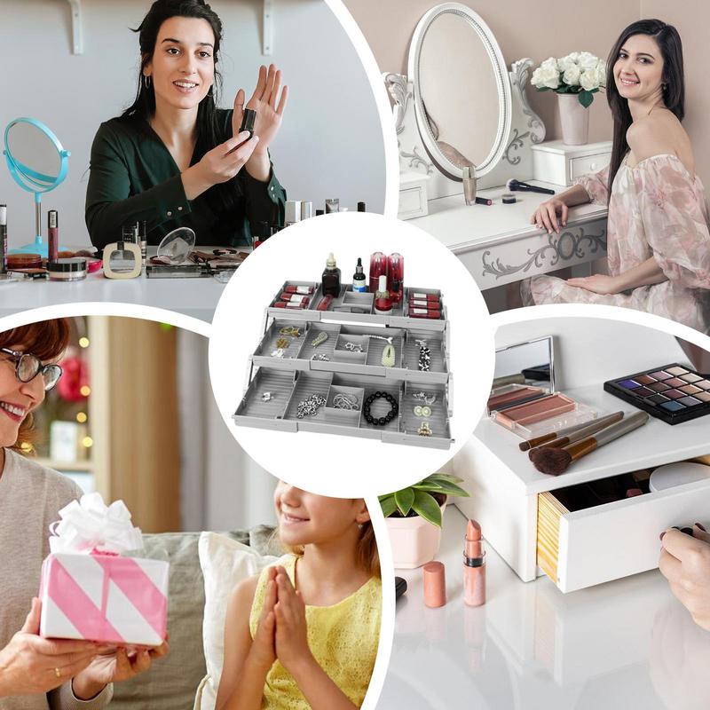 2 Tier/3 Tier Expandable Drawer Organizer Nightstand Vanity Desk Jewelry Cosmetic Divider Foldable Makeup Desk Storage Holder
