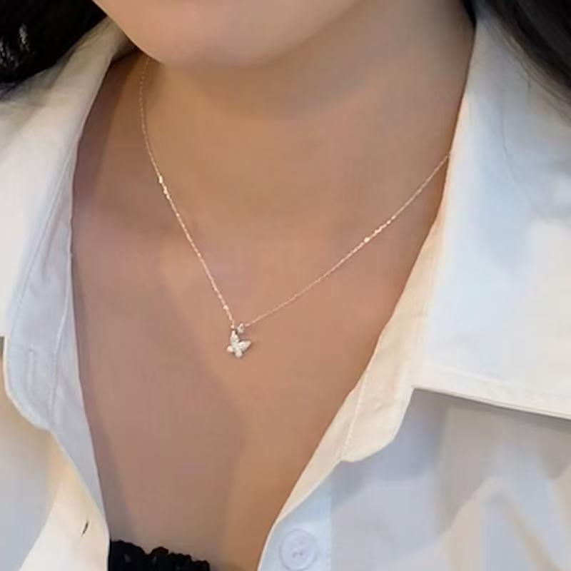 Flash Diamond Double Butterfly Necklace Women'S Light Luxury Niche Versatile High Sense Chinese Style Exquisite Zircon Collarbone Chain Jewelry Tide Q