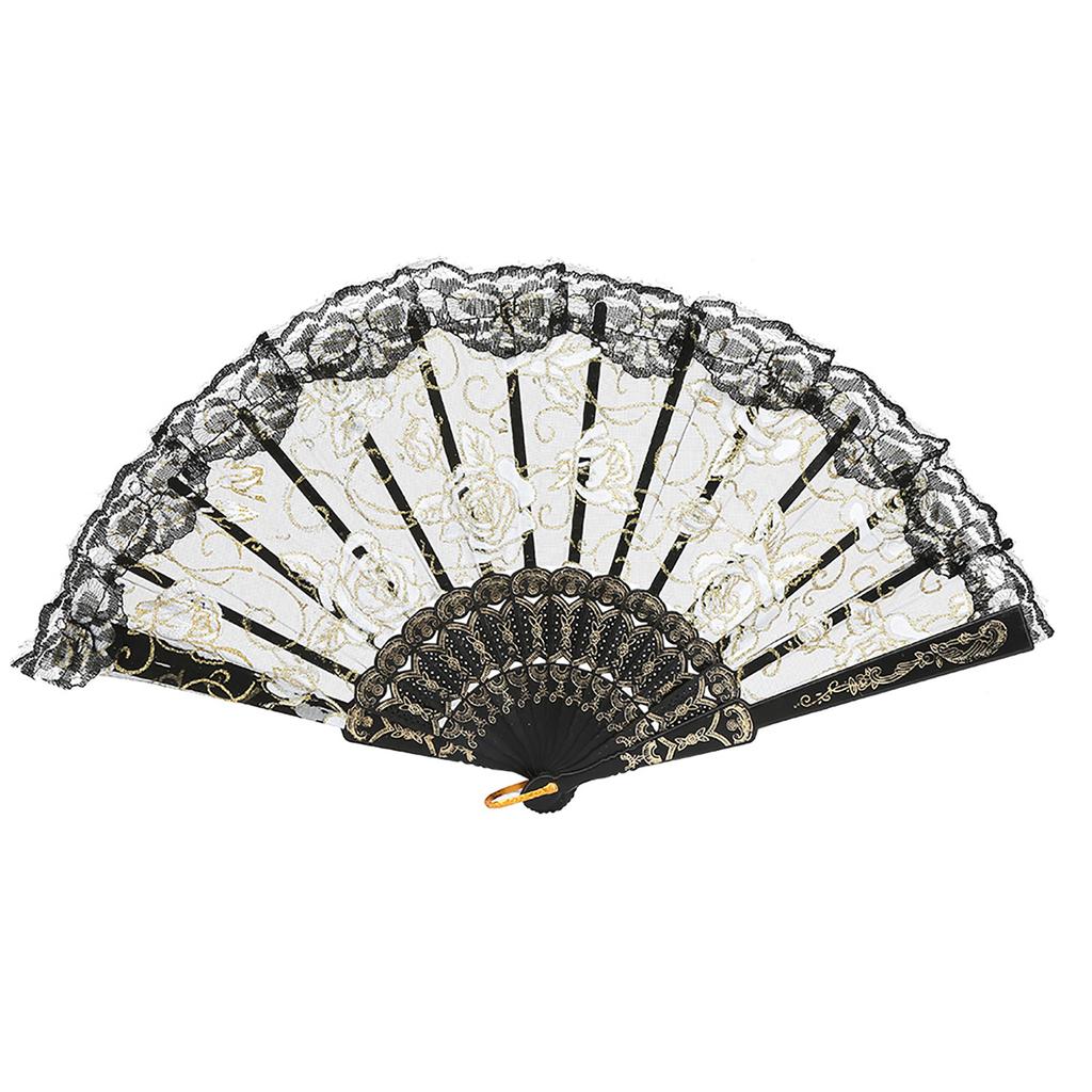European Hand Lace Flower Gilding Folding Fan Dancing Party Fan(lake blue)