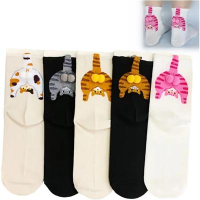 5 Pairs 3D Paws Cat Socks with Jingle Bell Collar & Fluffy Tail - Thick Thermal Winter Knee-High/Ankle Socks