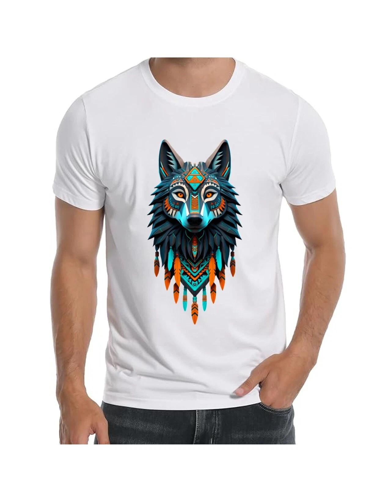 Wolf Face Native Art Accents T-Shirt for Men Apparel Short Sleeve Clothing S