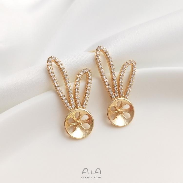 14K Gold-Filled Zircon Rabbit Stud Earrings with 925 Silver Pins and DIY Inlaid Style.