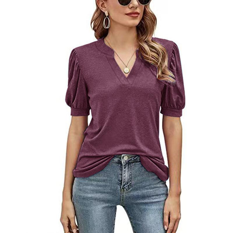

Летняя женская футболка, повседневная однотонная свободная футболка с v-образным вырезом и рукавами-пузырьками, топы XXL вино красного