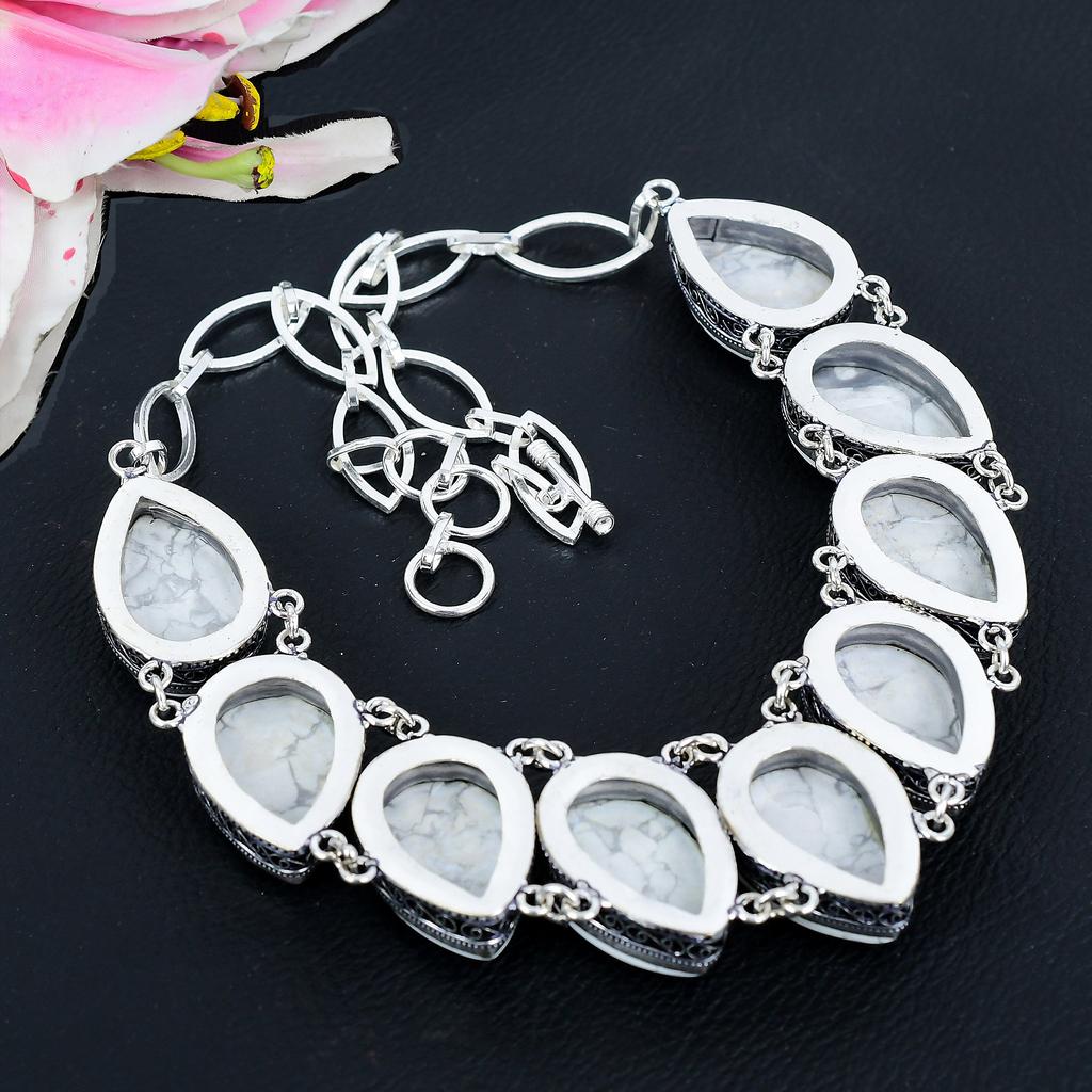 Howlite Jasper Gemstone Handmade 925 Sterling Silver Jewelry Necklace 18" KG-1636