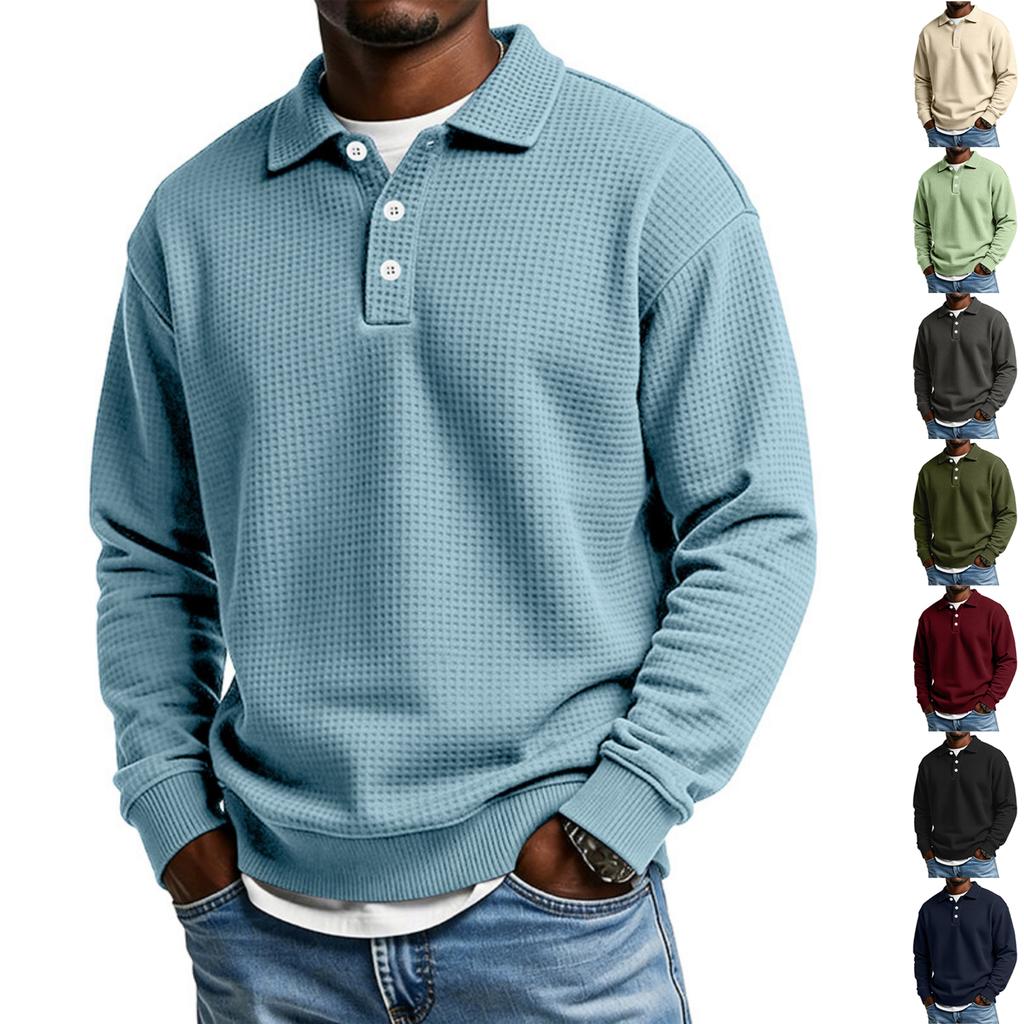 Men's Casual Long Sleeve Waffle Knit Polo Shirt Button Collar Pullover Lightweight Comfortable Fit Layering Top