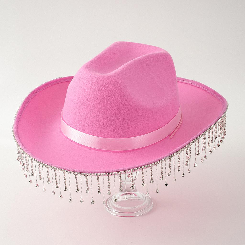 Beliebter Damen Barbie Pink Brauthut Cowboyhut Modeband Quaste Passend Hochzeit Konzert Erwachsener