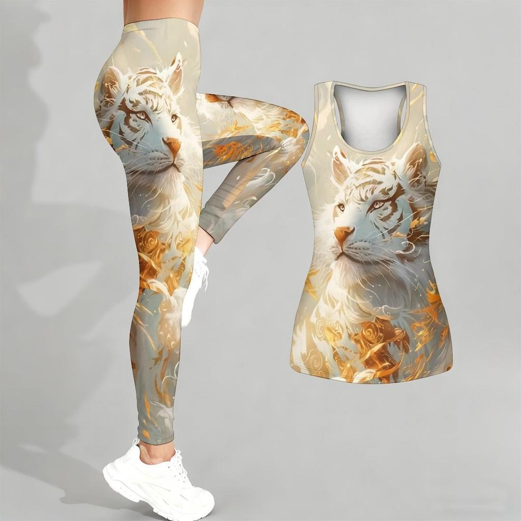 Fierce Predator Pattern Print Yoga Outfit for Women Fashion Workout Leggings Fitness Sports Casual Yoga Set Sports Suit