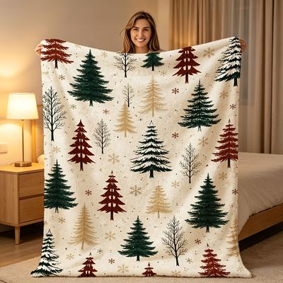 1pc Cozy Winter Forest Fleece Blanket Suitable for Bed Sofa - Warm Plush Throw with Pine Tree Print Lightweight Bedspread for Cont