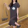 Korean summer women's large size long knee dress short sleeve T-shirt skirt women's fashion split letter print dress