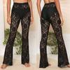 Sexy Sheer Lace Flared Pants European and American Sexy Perspective Flower Lace Pants Trumpet pants Trousers