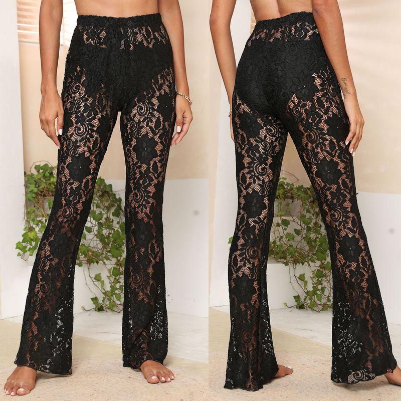 Sexy Sheer Lace Flared Pants European and American Sexy Perspective Flower Lace Pants Trumpet pants Trousers