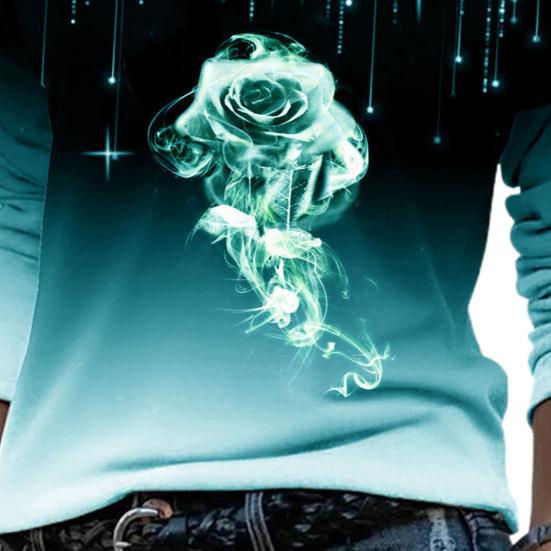 3D Rose Print Gradient Color Women Blouse Long Sleeve Broken Line Rhinestone Autumn Blouse Streetwear