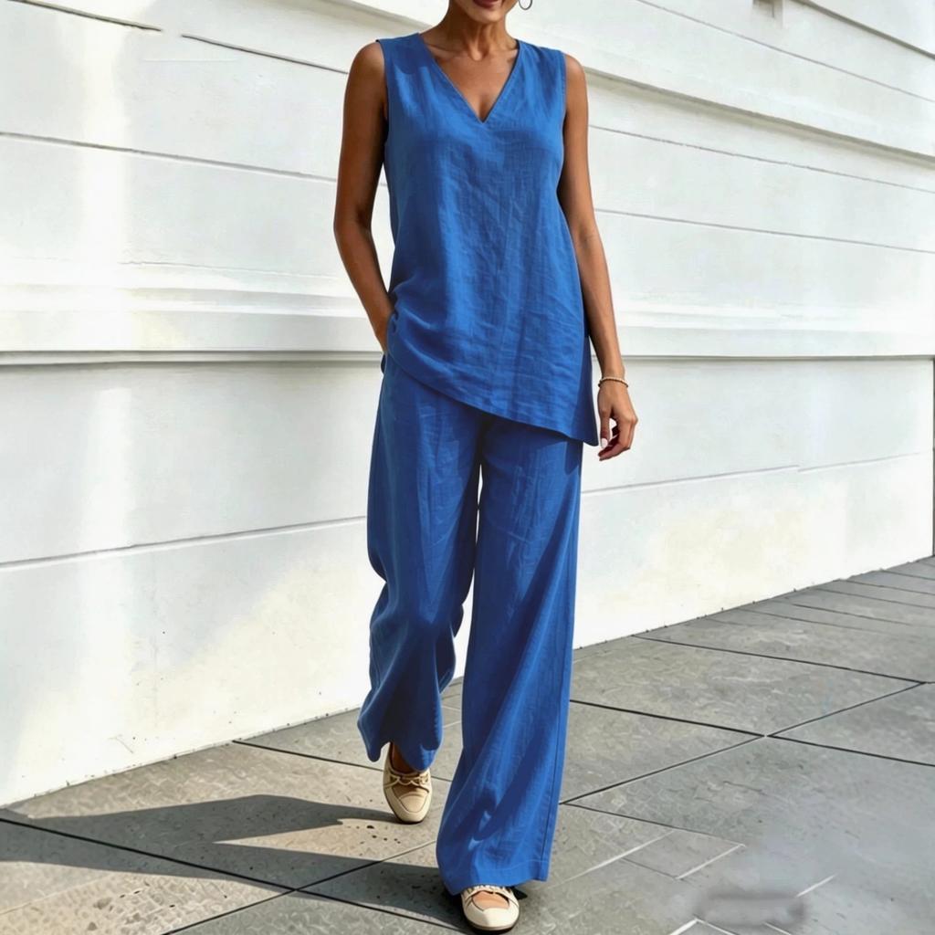 European and American Women's Casual V-neck Sleeveless Bamboo Hemp Top and Wide-leg Pants Two-piece Set