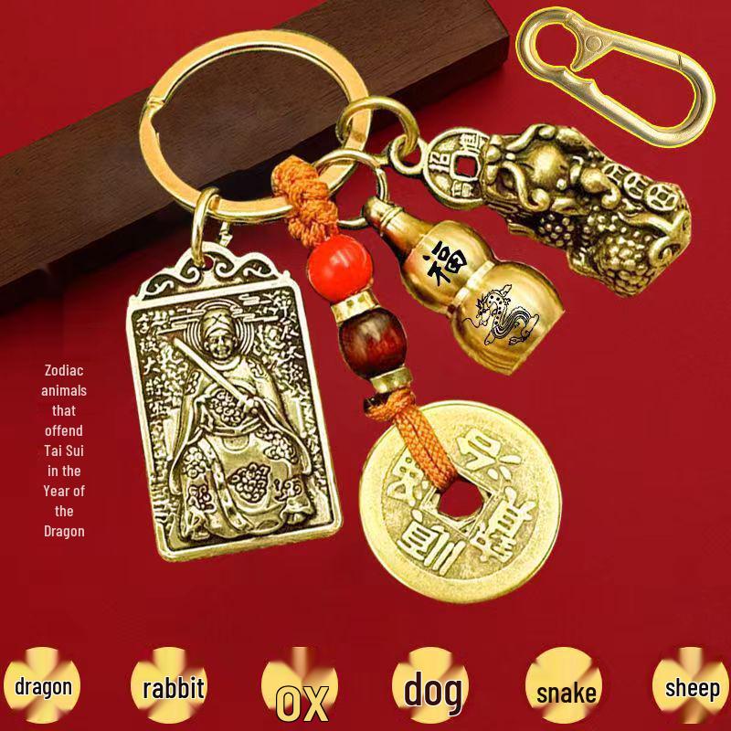 2024 Dragon Year Brass Tai Sui Card Keychain with Zodiac Gourd Pendant - General Li Cheng Design.