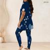 Women Plus Size Two Piece Set Round Neck Short Sleeve Printed Long Top Fitted Long Pants