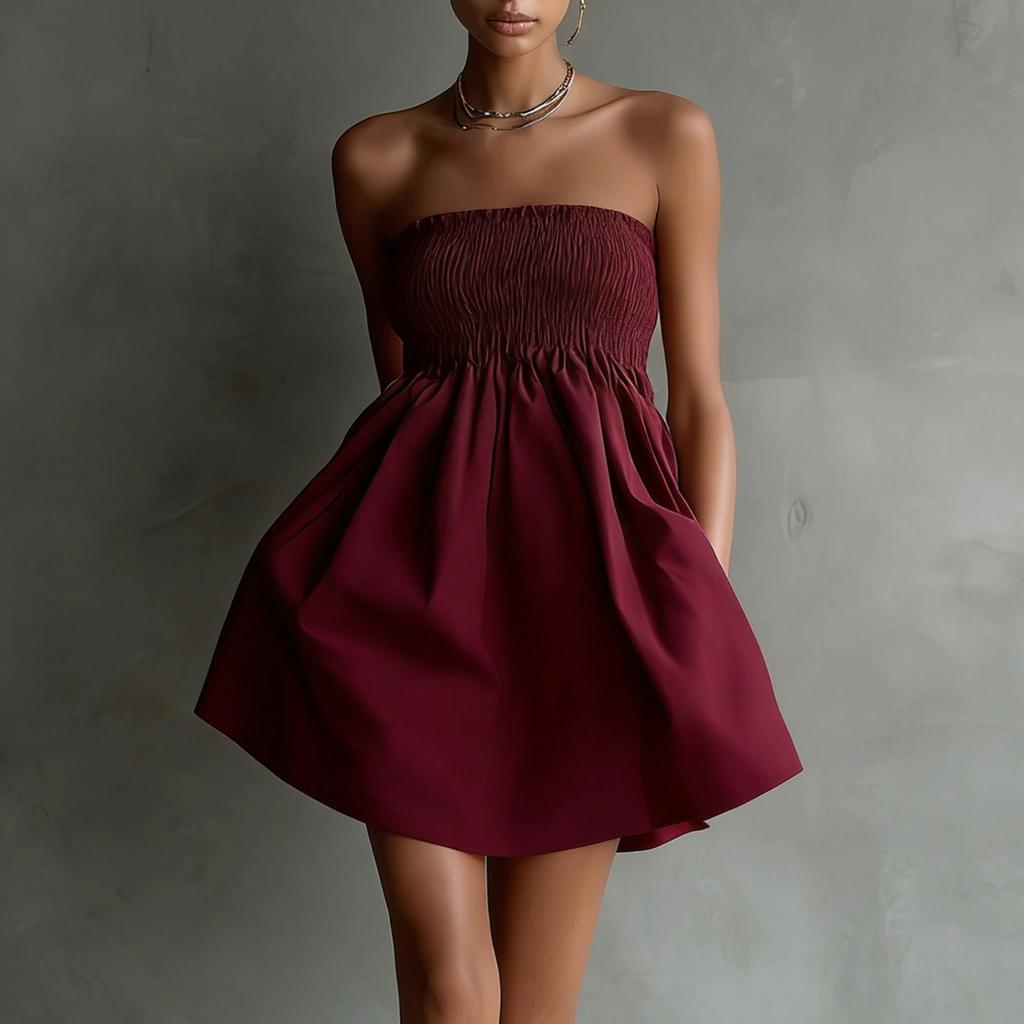 Women Strapless Tube Top Casual Dress Smocked Bodice Flowy Mini Dress Lightweight Solid Simple Sundress for Summer